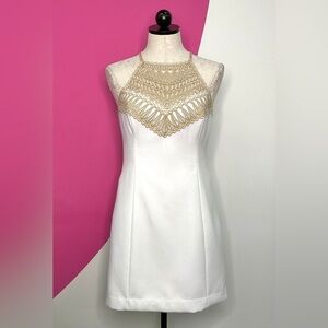 Lilly Pulitzer Pearl Resort White Gold Lace Halter Neck Shift Mini Dress Size 2